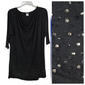 VENUS Black Embellished Front Knit Top Cowl Draped Studded Tunic Blouse Pullover